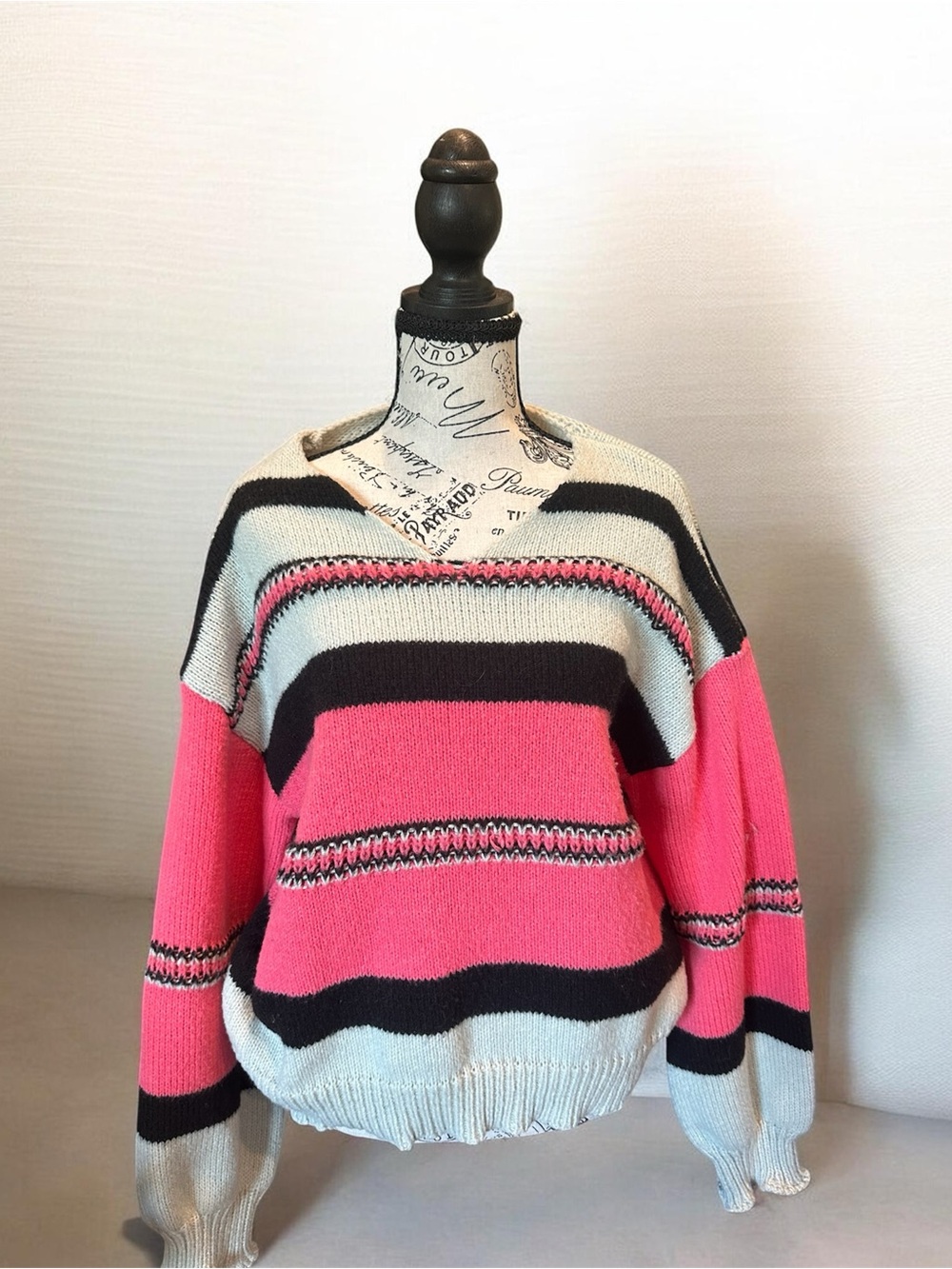 Women's Striped V‑Neck Sweater in Pink, Black & Cream